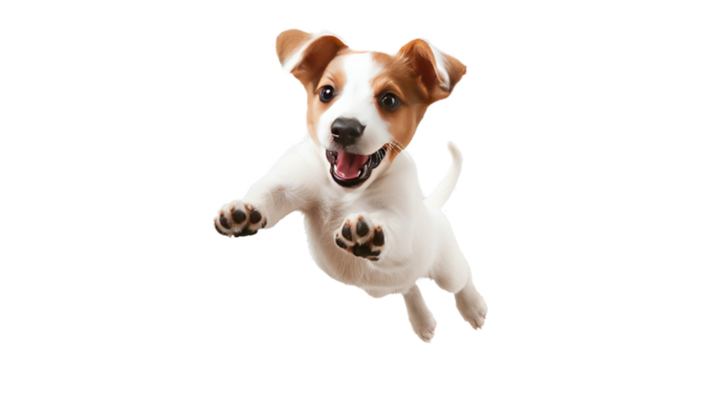 Playful puppy jumping up to greet its owner with excitement on a transparent background
