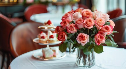 Abeautiful bouquet of roses in a cafe near a delicious dessert and cakes.