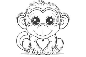 Obraz premium Black and white line drawing of a cute cartoon monkey in a seated position with a smiling face