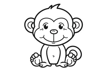 Naklejka premium Black and white line drawing of a cute cartoon monkey in a seated position with a smiling face