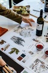  Wine Label Being Designed, with Sketches, Swatches, and Bottles of Wine as Inspiration, Generative...