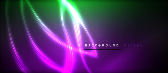 Neon glowing circle rays, light round lines in the dark, planet style neon wave lines. Energetic electric concept design for wallpaper, banner, background