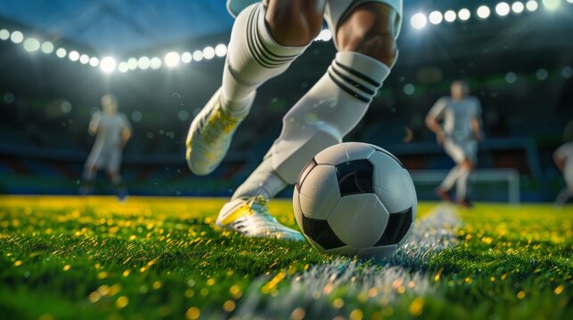 Photo shot of legs Soccer player running dribbling after the ball in stadium soccer