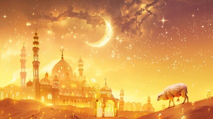Vibrant Eid al Adha illustration featuring lamb, oil lamp, star, and crescent