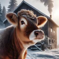 A cow stands in the snow in front of a log cabin.