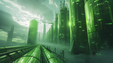 A futuristic cityscape with tall green buildings and a cloudy sky