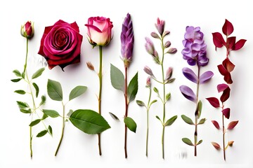 A collection of various flowers and leaves arranged horizontally on a white background.