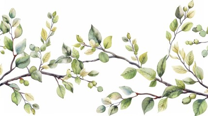 Seamless rim with watercolor tree alder on white background. Hand-drawn green bush with leaves and buds. Nature branch for invite card, wedding celebration and sticker. Border for wallpaper wrapping