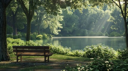 Obraz premium Serene park scene with bench overlooking calm lake surrounded by lush green trees bathed in warm sunlight