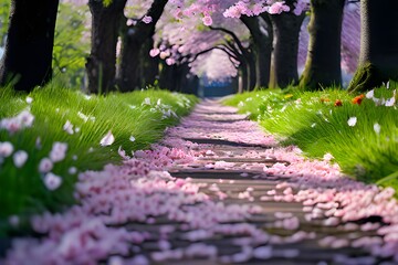 A pathway covered in pink petals surrounded by cherry blossom trees and green grass.