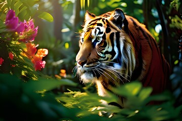 A tiger is surrounded by green leaves and pink flowers.