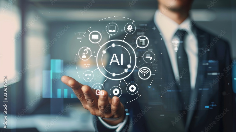 Leinwandbilder in a modern office, a businessman introduces the concept of artificial intelligence, demonstrating b