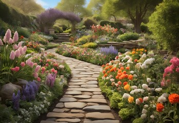 A stone pathway winds through a garden with colorful flowers, trees, and an archway.