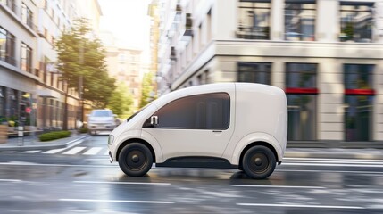 Side view of white modern electric delivery car on the street in city. Concept of eco-friendly transport and sustainable energy.
