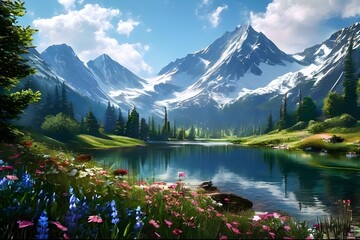 A mountain lake surrounded by wildflowers, with snow-capped mountains in the background.