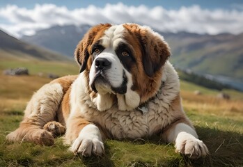 A brown and white St. Bernard dog is lying on a grass-covered hillside with mountains in the background.