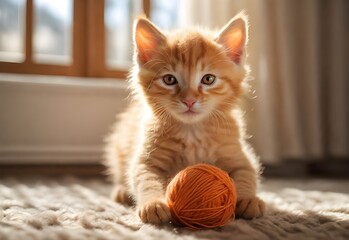 A small orange kitten sits on a carpet in front of a window. It holds an orange ball of yarn in its paws.