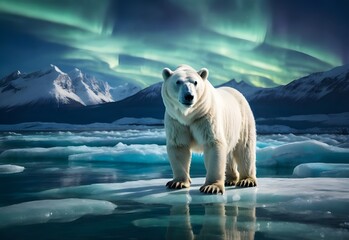 A polar bear stands on ice, with a backdrop of mountains and the Northern Lights in the sky.