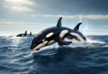 An orca leaps out of the water with a spray of water around its head.