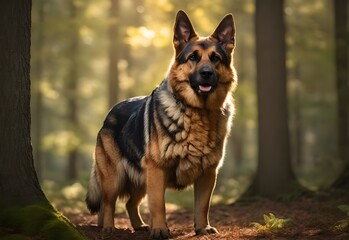 A German Shepherd stands in the woods with a blurred background and the sun shining through the trees.