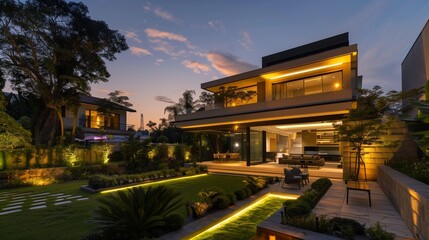 A twilight view of a luxurious modern house with a beautifully landscaped garden, illuminated by soft ambient lighting, showing a seamless blend of indoor and outdoor spaces,