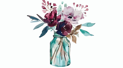 Watercolor bouquet in vintage glass bottle burgundy