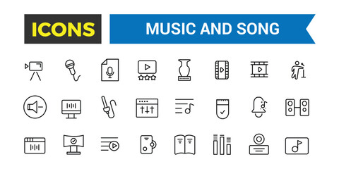 Music and song icon set, vector, thin line icons collection. Editable vector icon and illustration.