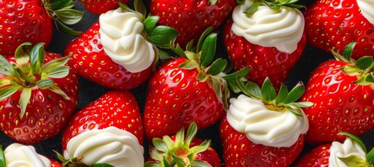 Top view close up of vibrant strawberries with creamy topping for a visually appealing image