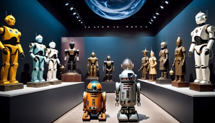 An exhibit showcasing a diverse collection of classic sci-fi robot figures, displayed in a modern museum setting.. AI Generation