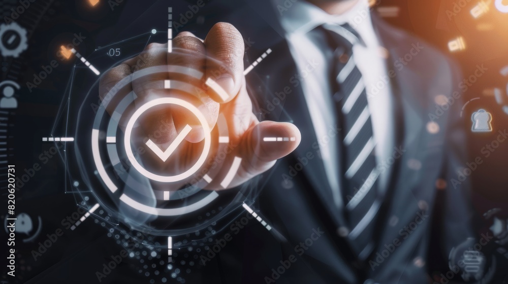Poster in a modern business setting, a businessman utilizes a digital interface to choose a checkmark, repr