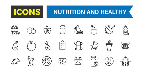 Nutrition and Healthy food Vector Icons. Outline icons collection.