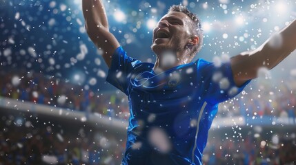 soccer player celebrates, blue jersey