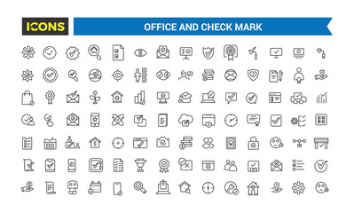 Office and check mark icon set. Outline icons pack. Editable vector icon and illustration.