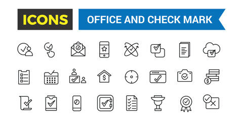 Office and check mark icon set. Outline icons pack. Editable vector icon and illustration.