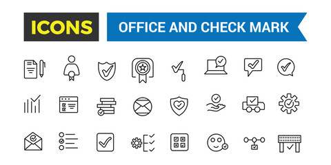 Office and check mark icon set. Outline icons pack. Editable vector icon and illustration.