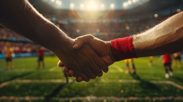 Sportsmanship handshake against the backdrop of a soccer match. Concept of Football World Cup and sports competition between international teams.