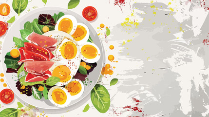 Plate of delicious salad with boiled eggs and jamon o