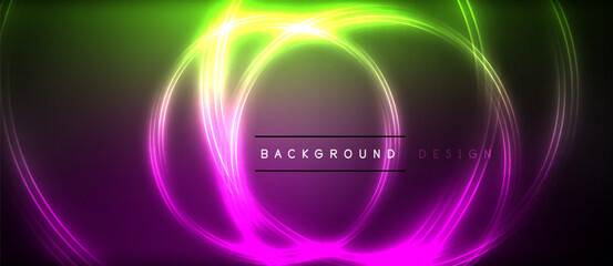 Neon glowing circle rays, light round lines in the dark, planet style neon wave lines. Energetic electric concept design for wallpaper, banner, background