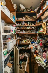 Fototapeta premium A cleaning team organizing cluttered shelves and cabinets, transforming chaos into order, Generative AI
