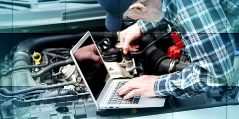 Mechanic using laptop for checking car engine, geometric pattern