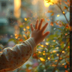 Children's hands reach towards the light from the sky, with a blurred background showing a natural scene, symbolizing hopes, goals and dreams, warm atmosphere cinematic shot