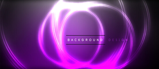 Neon glowing circle rays, light round lines in the dark, planet style neon wave lines. Energetic electric concept design for wallpaper, banner, background