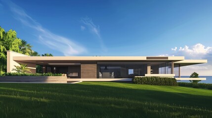 An elegant modern home with a minimalist exterior and a lush green lawn, the clear blue sky serving as the perfect backdrop for its timeless beauty.