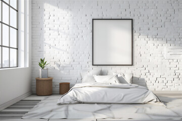 Mock up poster frame on the wall in bedroom interior with morning light, minimalist modern interior with 3d illustration.
