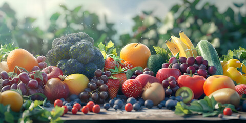 A large pile of fruits and vegetables, Fresh fruits and berries fresh fruits and berries composition with fresh fruits and vegetables.

