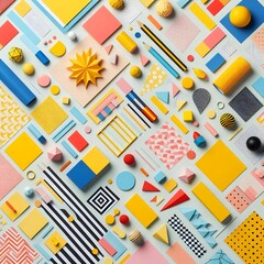 AI Generate of Background texture of Fashion Papers in Memphis Geometry Style. Yellow, blue, light blue, red and pastel pink colors. Top view, flat lay.