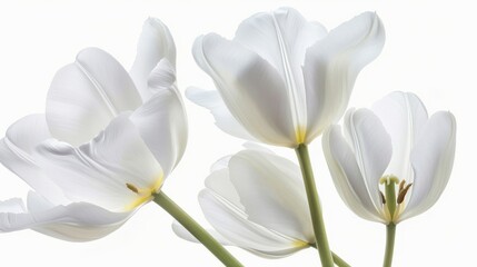 Fototapeta premium Very close-up view of white tulips with detailed like flower stalk, pistil, pollen texture, isolated white background...