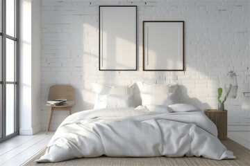 Mock up two poster frames on the wall in bedroom interior with morning light, minimalist modern interior with 3d illustration.
