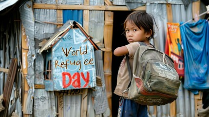 Child in front of a house sign in world refugee day