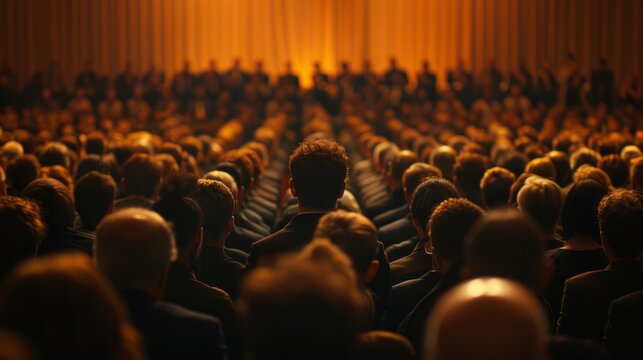 View from back of people sitting in the audience listening to key note speaker at conference